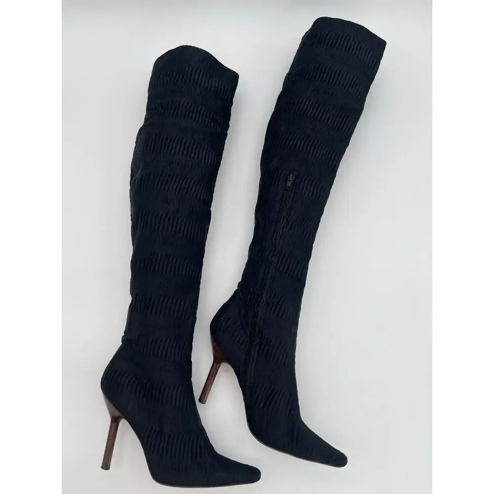 Gucci F/W 1999 Tom Ford Era Black Ruched Textured OTK Stiletto Boots IT 37.5